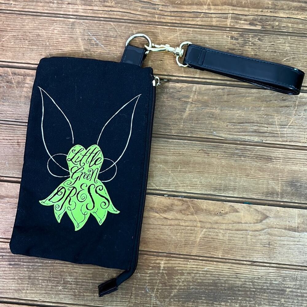 Disneys Parks tinker bell wristlet black cotton bag "little green dress"